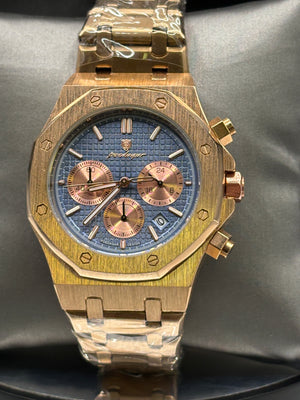 Poedagar chronograph wristwatch in rose gold with a blue dial