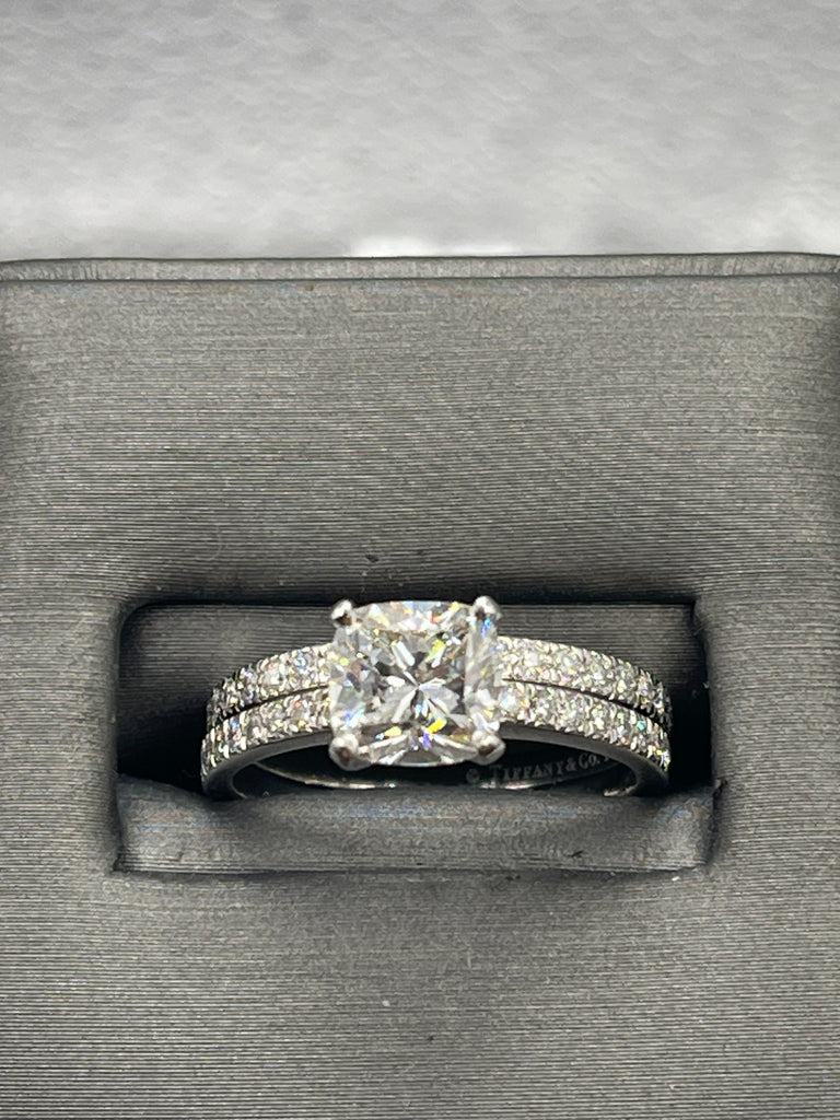 View ten of Ladies Tiffany 950 Platinum Cushion-Cut Diamond Engagement Set