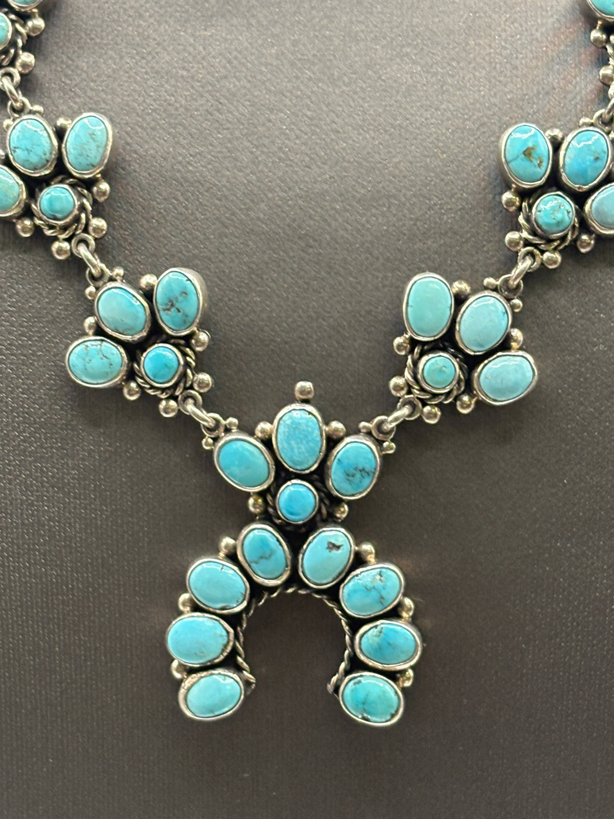 JTF Navajo Sterling Silver Blue Turquoise Squash Blossom Necklace