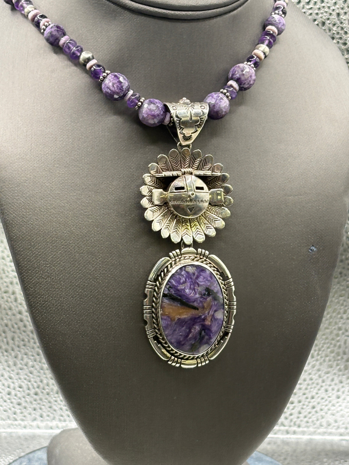 Vintage Navajo Tom Charlie Sterling Silver Charoite Jade Necklace