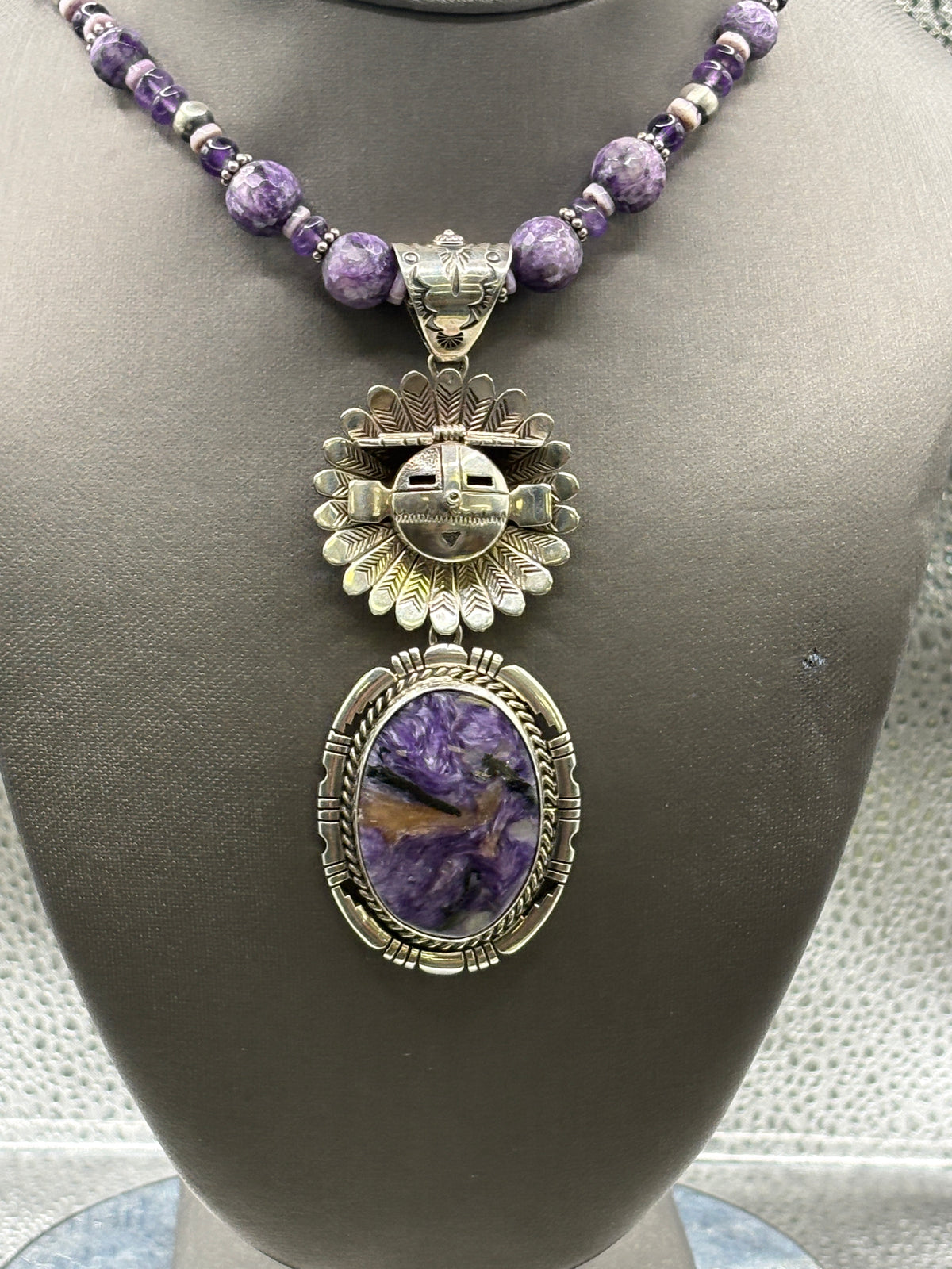 Vintage Navajo Tom Charlie Sterling Silver Charoite Jade Necklace