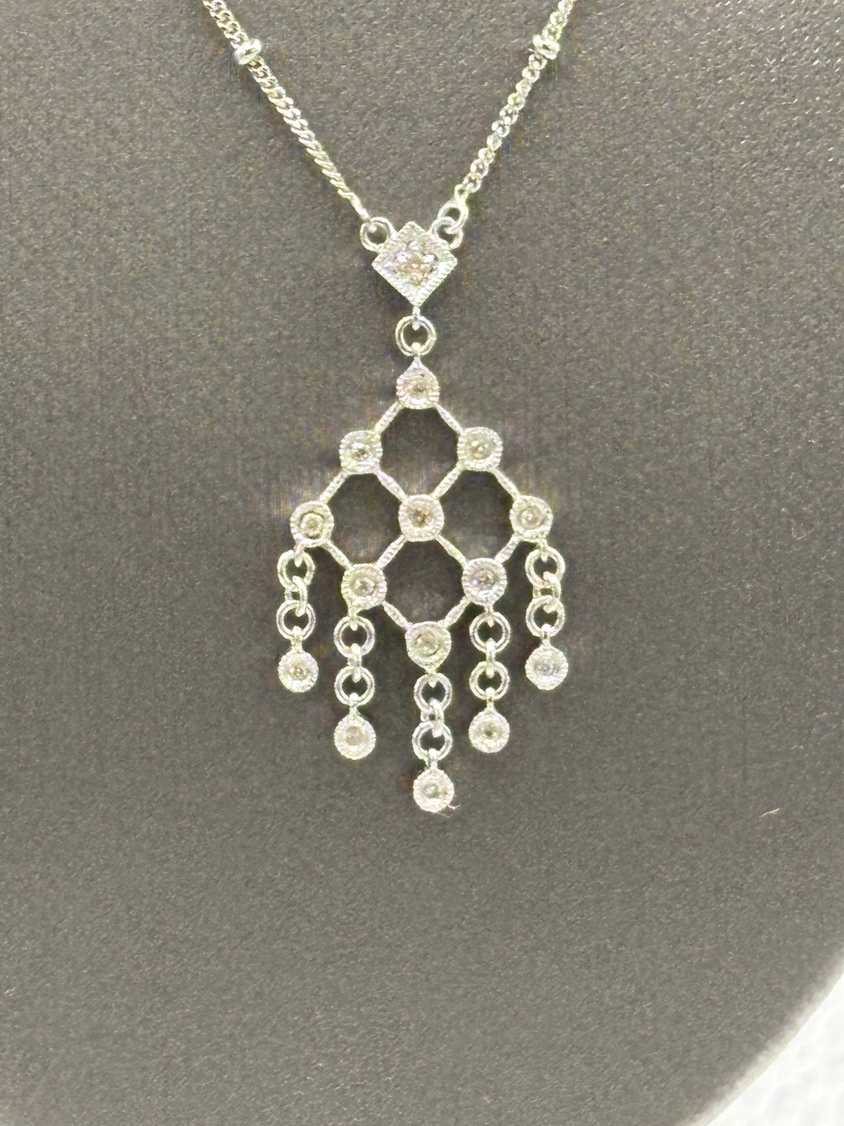 View two of Ladies 14 Karat White Gold Diamond Chandelier Pendant & Chain