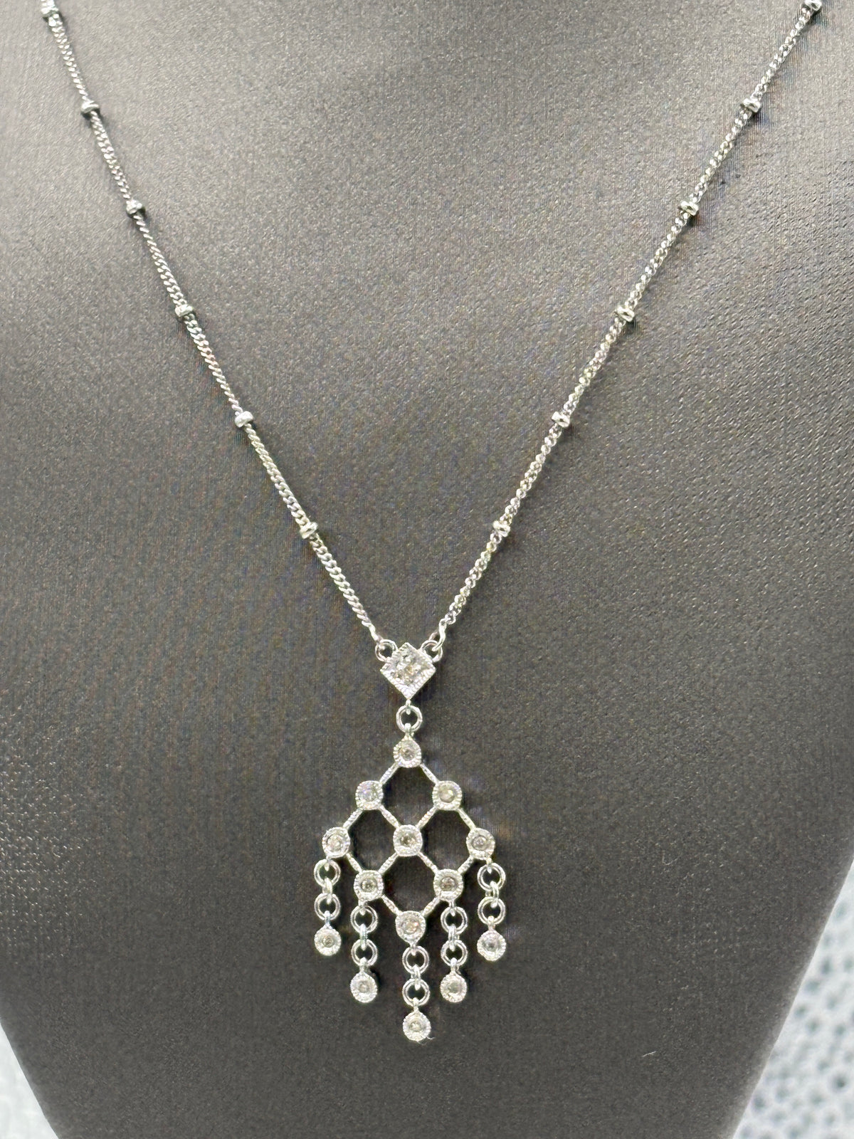 View five of Ladies 14 Karat White Gold Diamond Chandelier Pendant & Chain