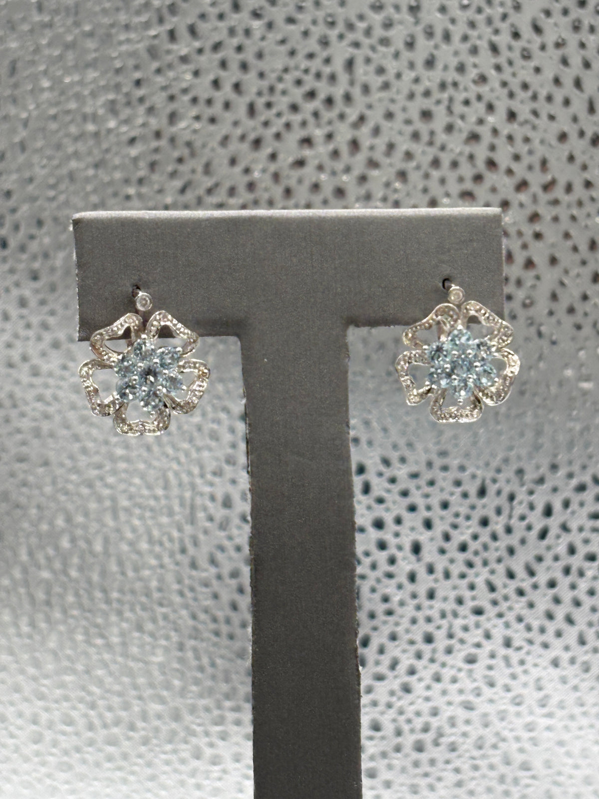View two of Ladies 14 Karat White Gold Aquamarine & Diamond Floral Earrings