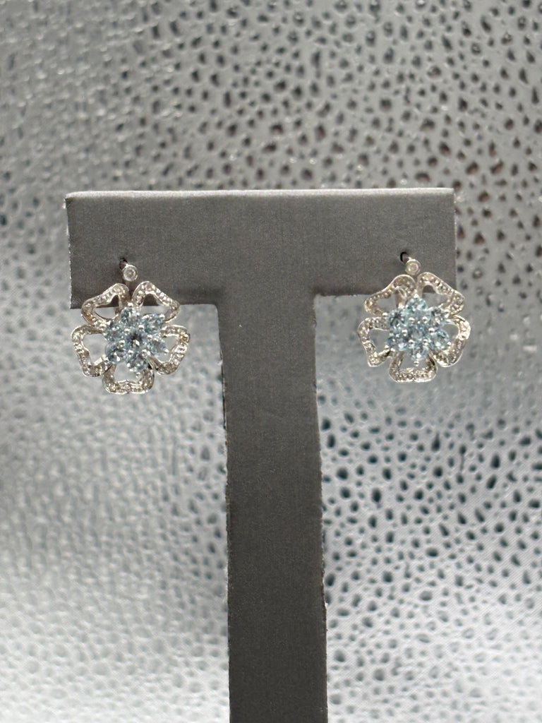 View two of Ladies 14 Karat White Gold Aquamarine & Diamond Floral Earrings