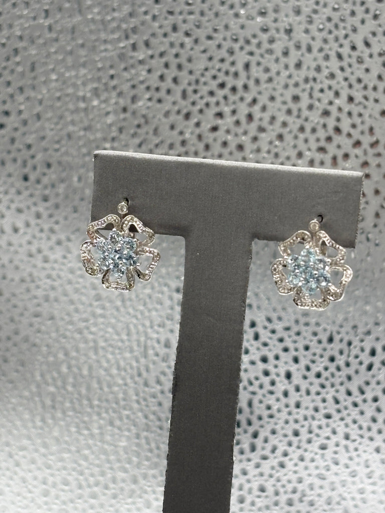 View three of Ladies 14 Karat White Gold Aquamarine & Diamond Floral Earrings