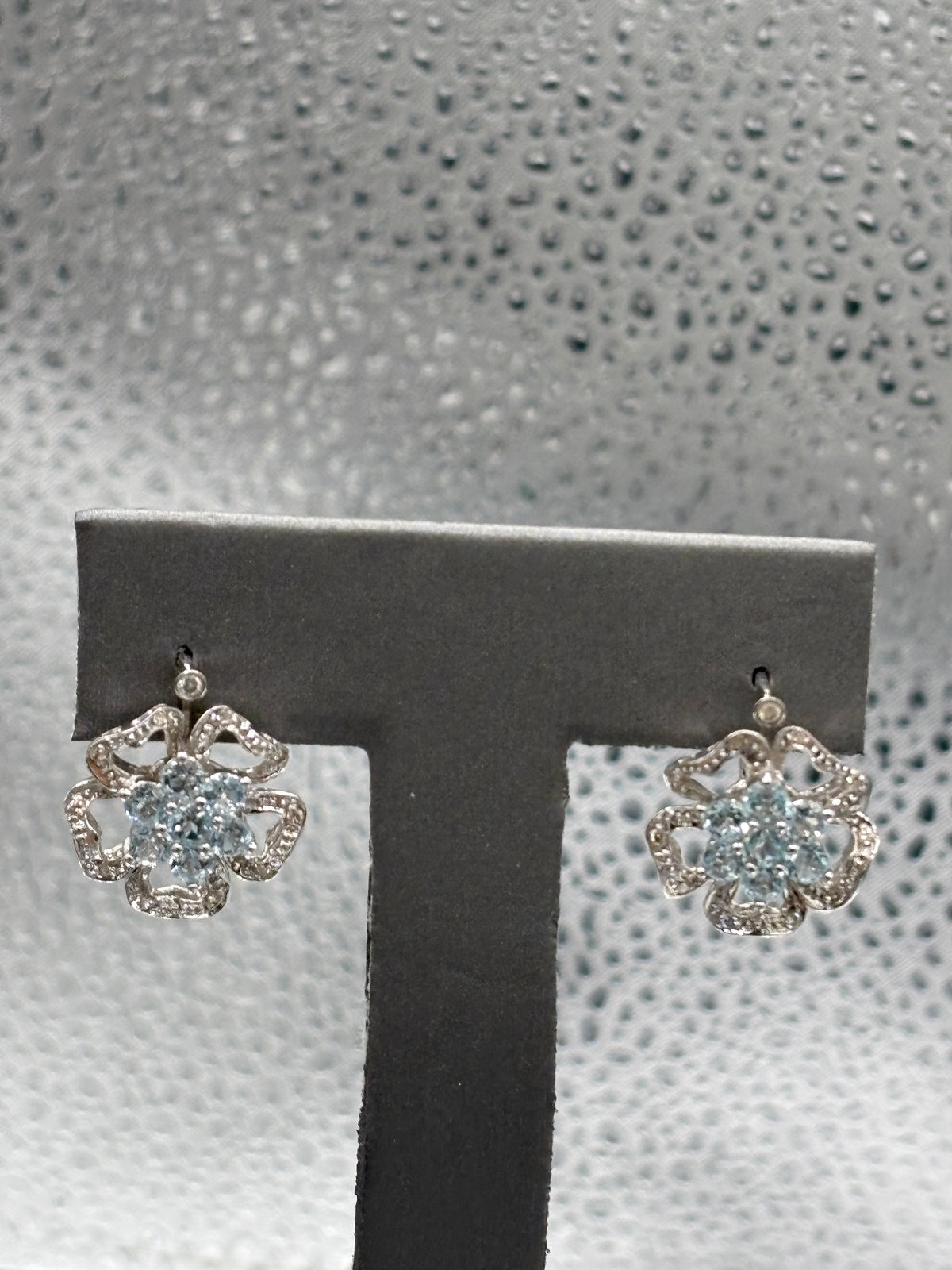 View four of Ladies 14 Karat White Gold Aquamarine & Diamond Floral Earrings