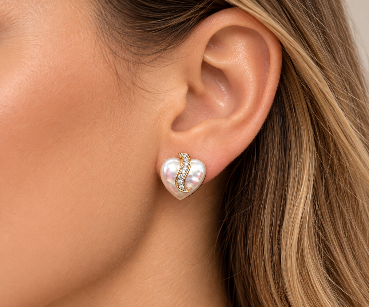 14K Yellow Gold Mother-of-Pearl Heart & Diamond Stud Earrings