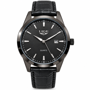 LIGE Men's Black Gunmetal Quartz Watch with Black Leather Strap