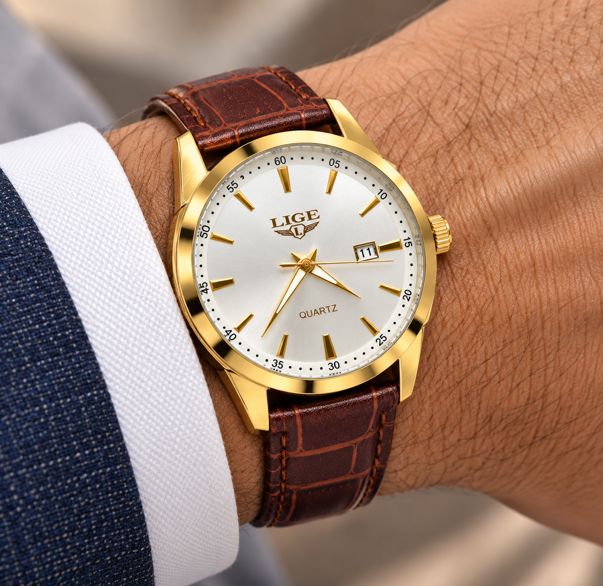 LIGE Men's Gold-Tone Quartz Watch with Silver Dial &amp; Brown Leather Strap