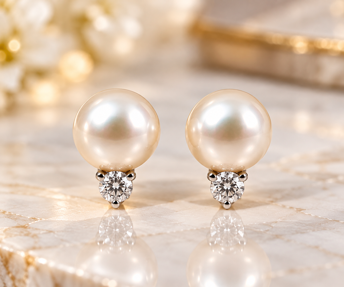Estate 18K White Gold Natural Pearl &amp; Diamond Drop Stud Earrings – 11.1mm Pearls, 0.50 CTW