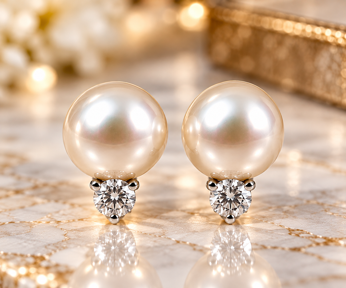Estate 18K White Gold Natural Pearl &amp; Diamond Drop Stud Earrings – 11.1mm Pearls, 0.50 CTW