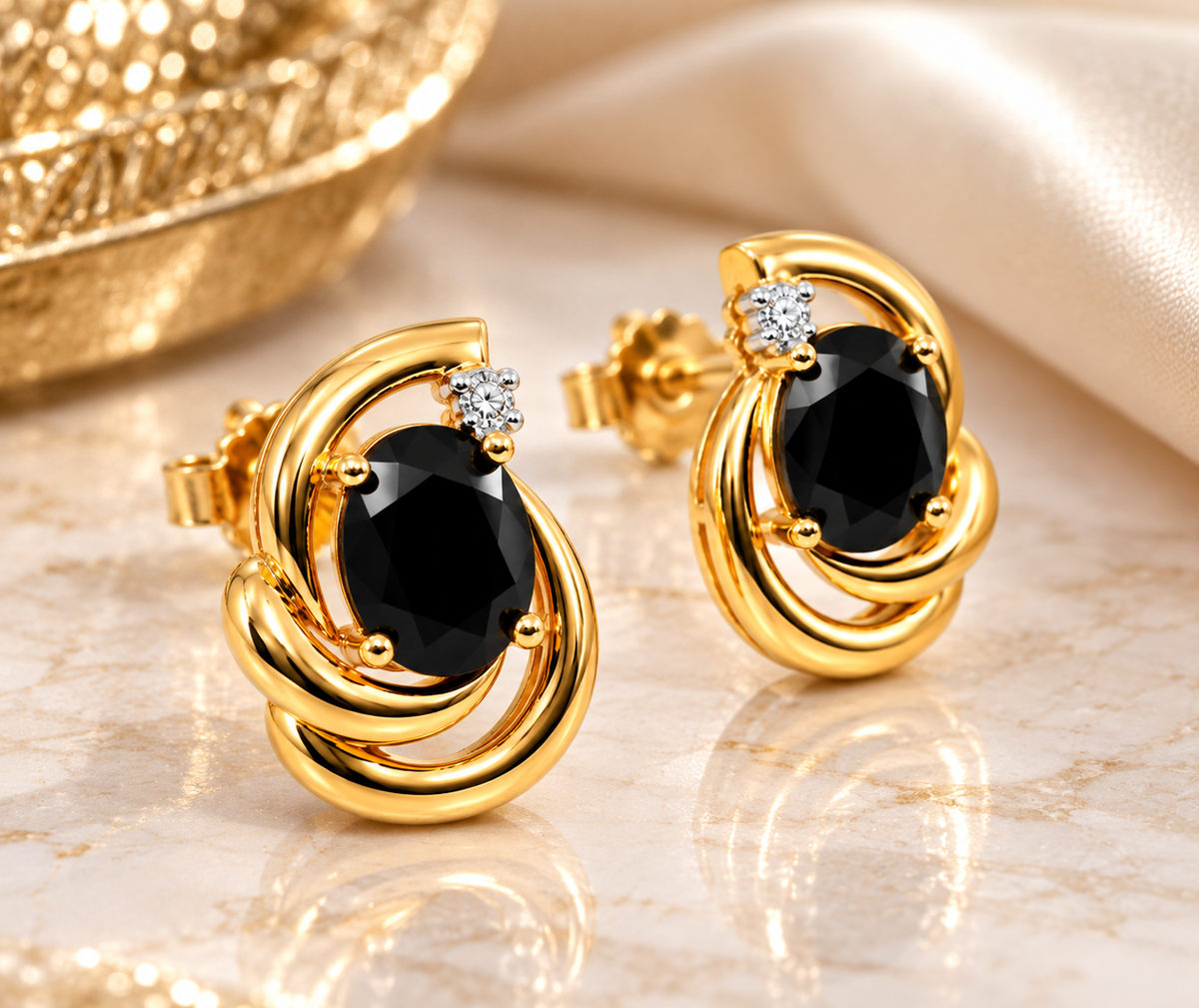Ladies 14K Yellow Gold Oval Blue Sapphire &amp; Diamond Swirl Stud Earrings