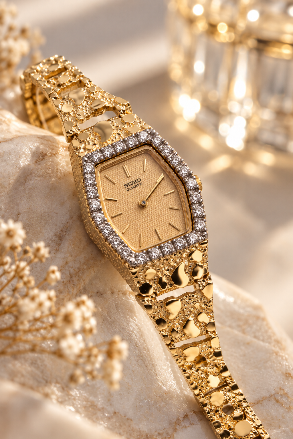 14 Karat Yellow Gold Vintage Ladies Seiko Diamond Nugget Watch