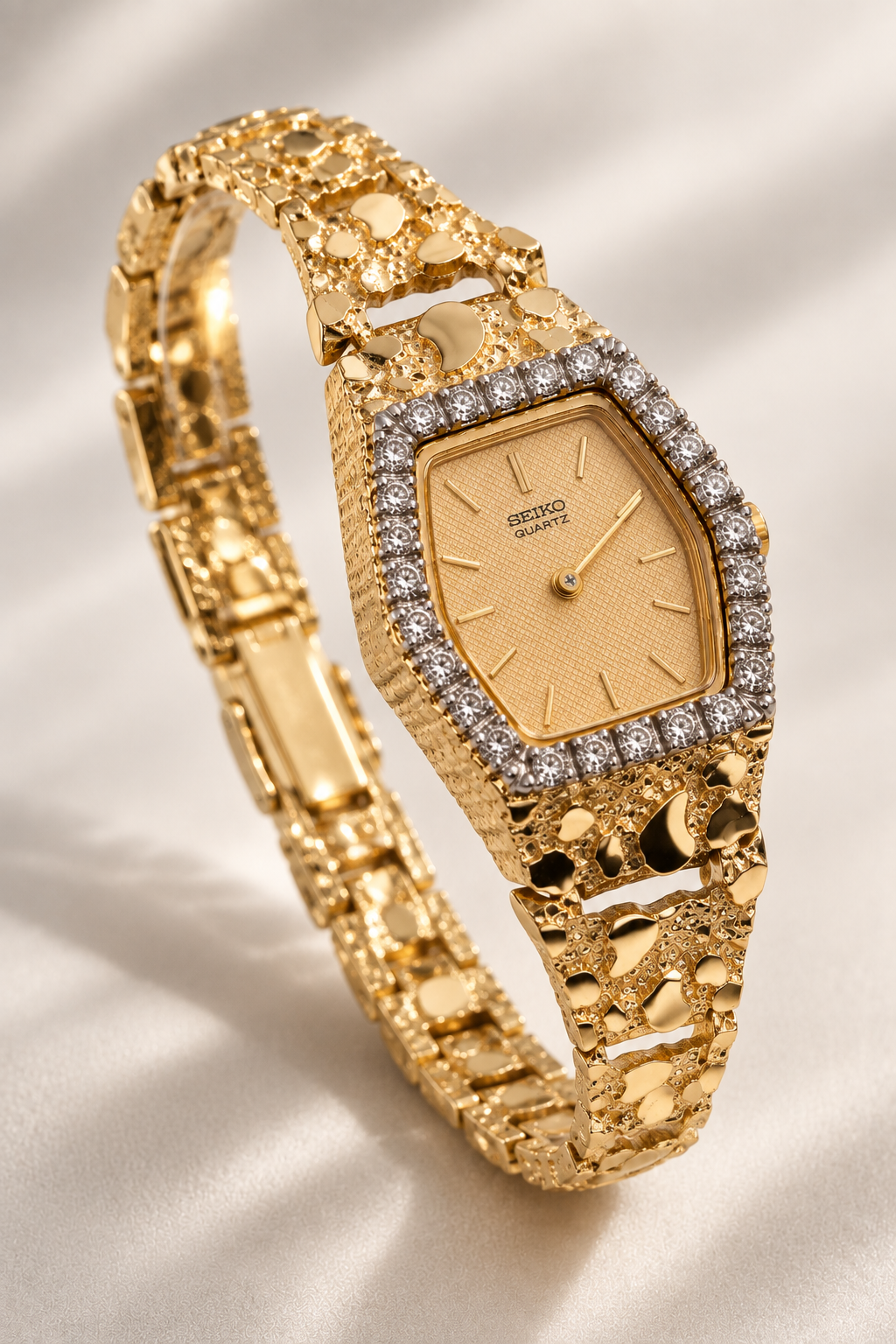 14 Karat Yellow Gold Vintage Ladies Seiko Diamond Nugget Watch