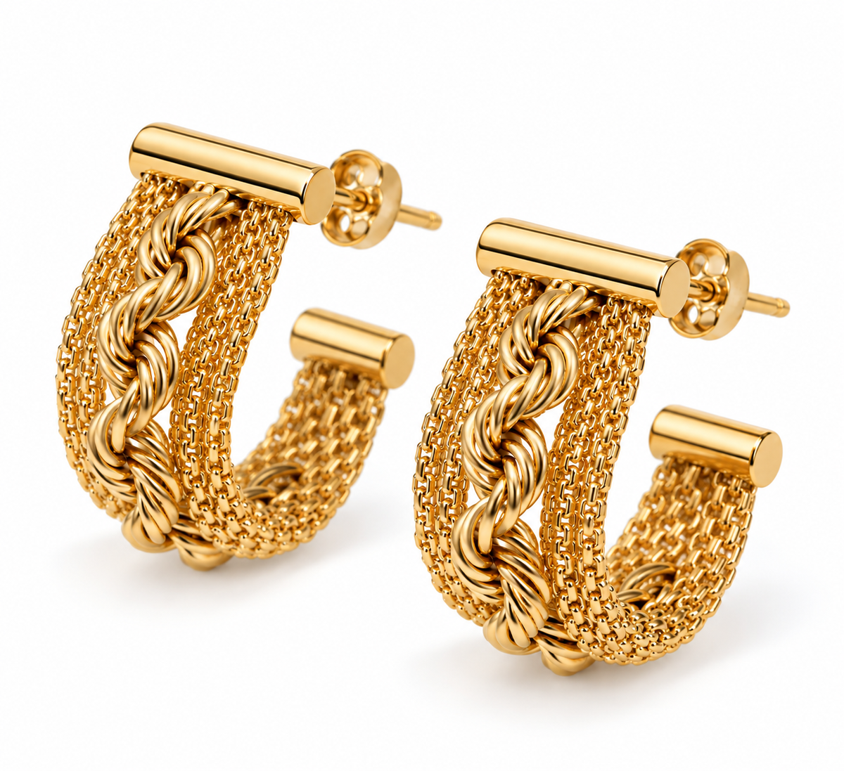 14K Yellow Gold Italian Braided Rope &amp; Mesh Hoop Earrings