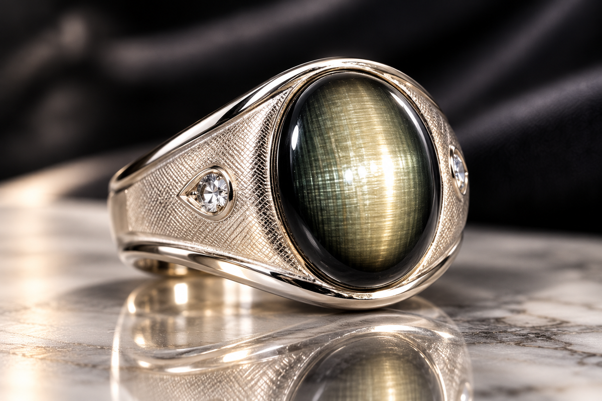 Men's 14K White Gold 28 Carat Natural Black Star Sapphire & Diamond Ring
