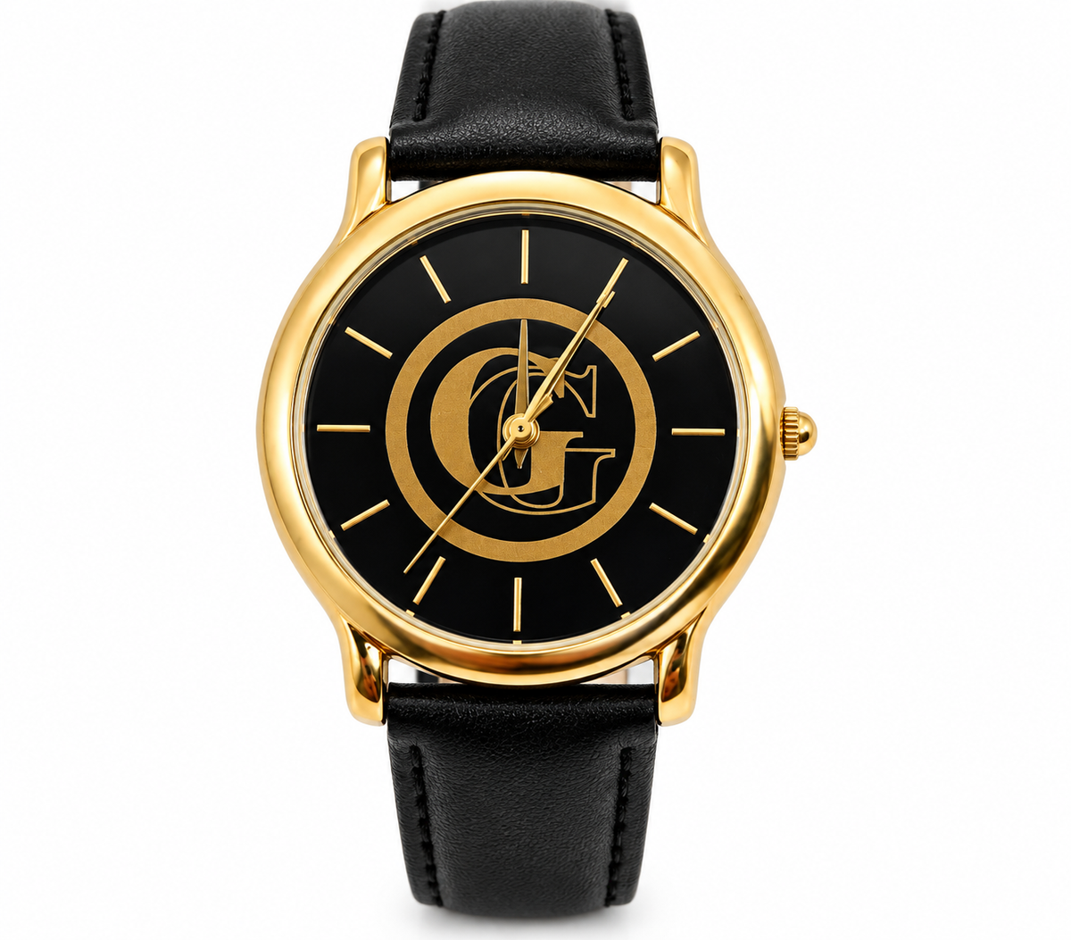 Gold-Tone Monogram Quartz Watch with Black Dial and Leather Strap