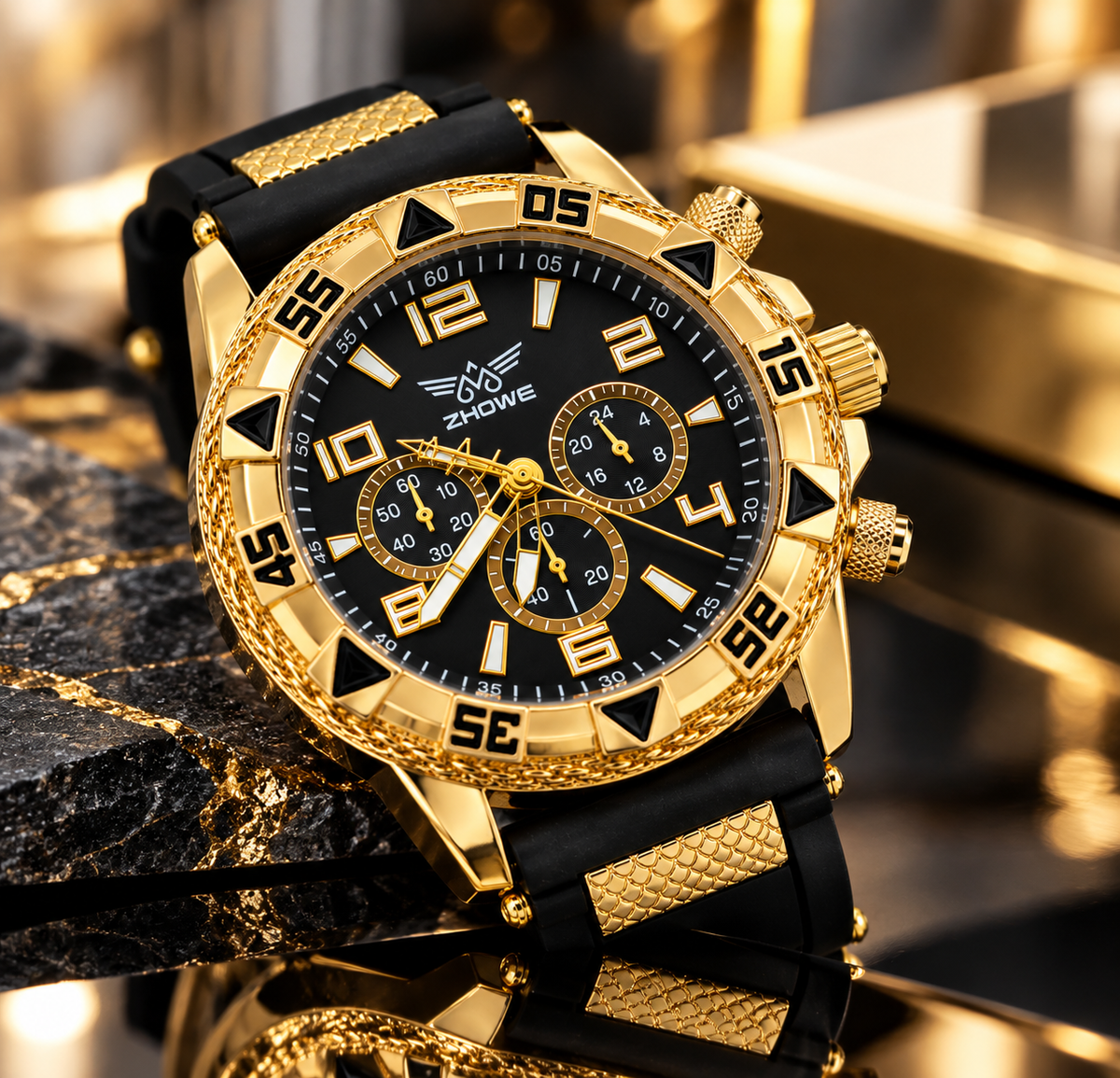 ZHOWE Men's Gold-Tone Black Dial Chronograph-Style Watch