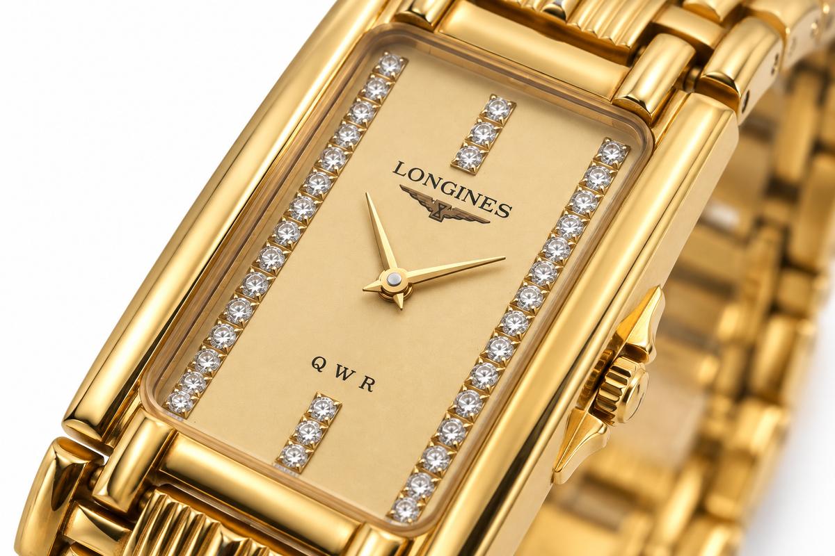 Longines Gold Diamond Dial Rectangular Watch