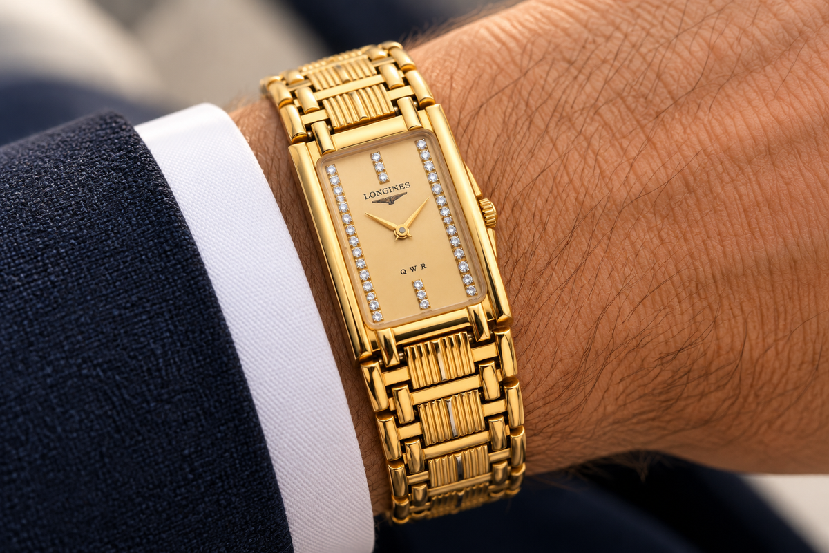 Longines Gold Diamond Dial Rectangular Watch