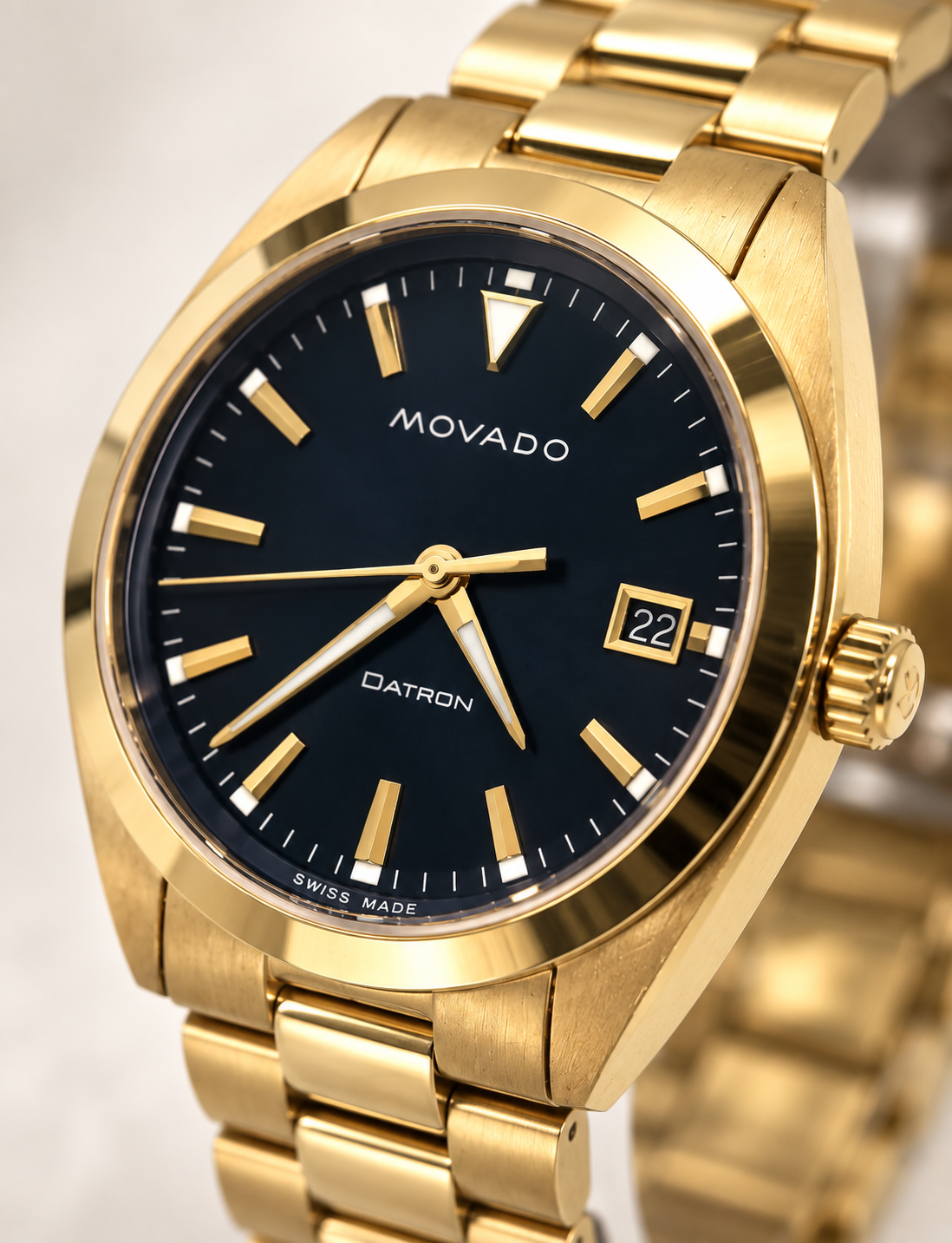MOVADO HERITAGE DATRON 3650143 BLUE DATE DIAL GOLD TONE SWISS WATCH 39 MM