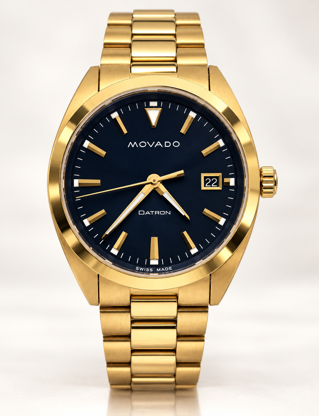MOVADO HERITAGE DATRON 3650143 BLUE DATE DIAL GOLD TONE SWISS WATCH 39 MM