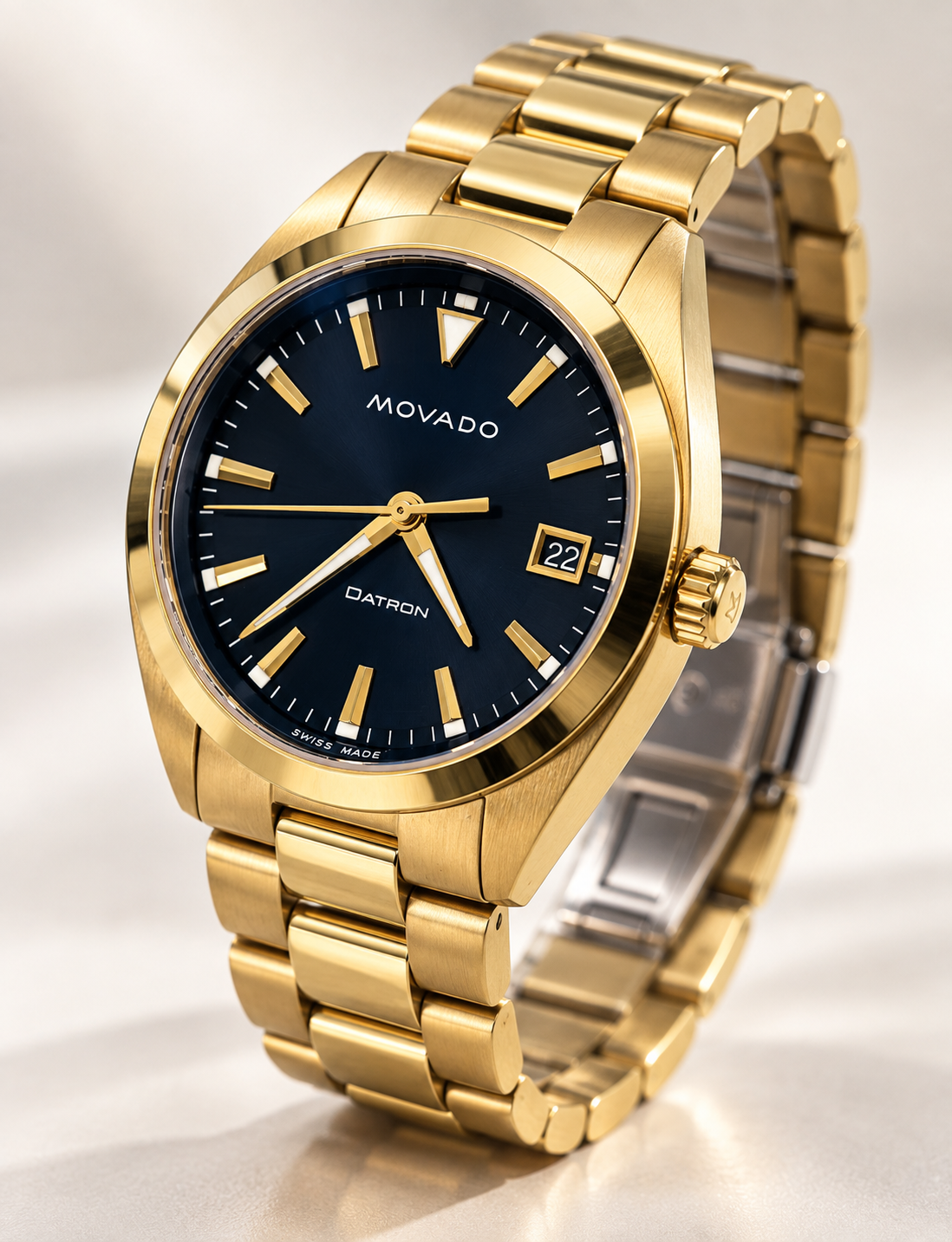 MOVADO HERITAGE DATRON 3650143 BLUE DATE DIAL GOLD TONE SWISS WATCH 39 MM