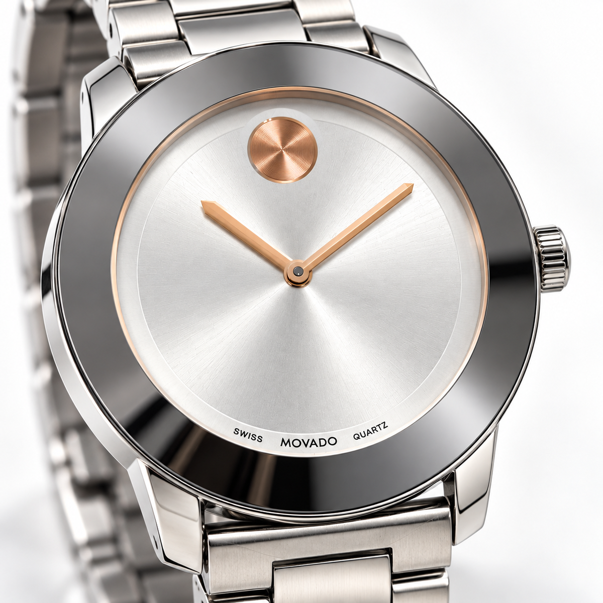 Movado Swiss Quartz Stainless Steel Watch – Silver Dial with Rose Gold Accents – 36.4mm, photo 5