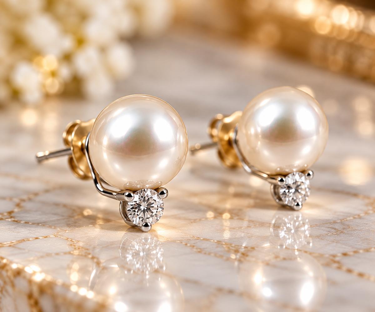 Estate 18K White Gold Natural Pearl &amp; Diamond Drop Stud Earrings – 11.1mm Pearls, 0.50 CTW