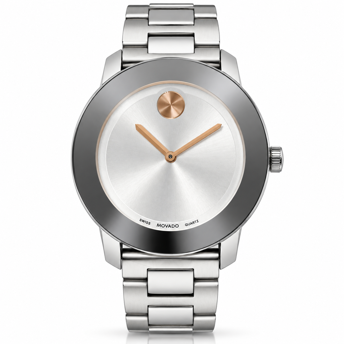 Movado Swiss Quartz Stainless Steel Watch – Silver Dial with Rose Gold Accents – 36.4mm