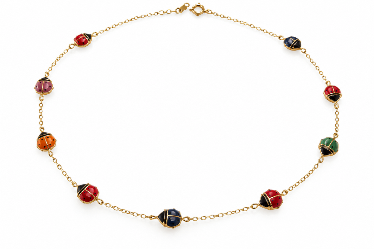 Ladies 14K Solid Yellow Gold Multicolored Enamel Ladybug Necklace