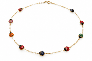 Ladies 14K Solid Yellow Gold Multicolored Enamel Ladybug Necklace