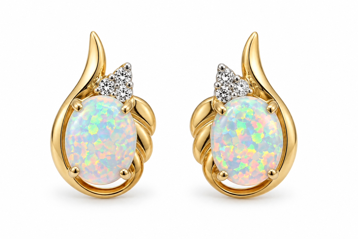 Ladies 10K Solid Yellow Gold 5 Carat Opal &amp; Diamond Stud Earrings