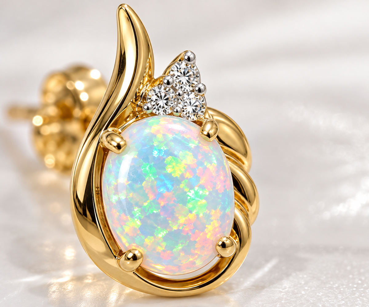 Ladies 10K Solid Yellow Gold 5 Carat Opal &amp; Diamond Stud Earrings