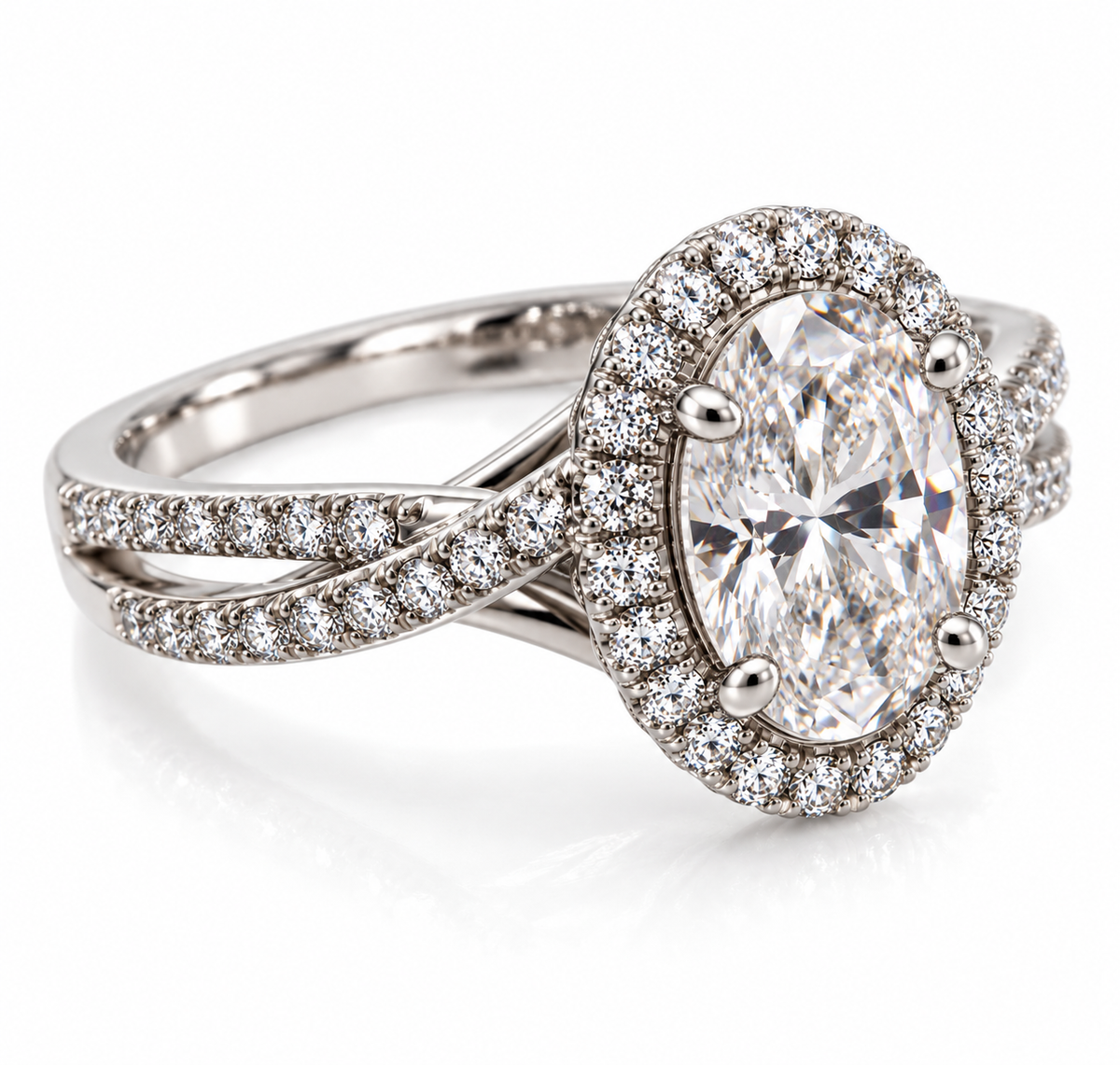 14 Karat White Gold Oval Diamond Halo Engagement Ring – 1.55 CTW