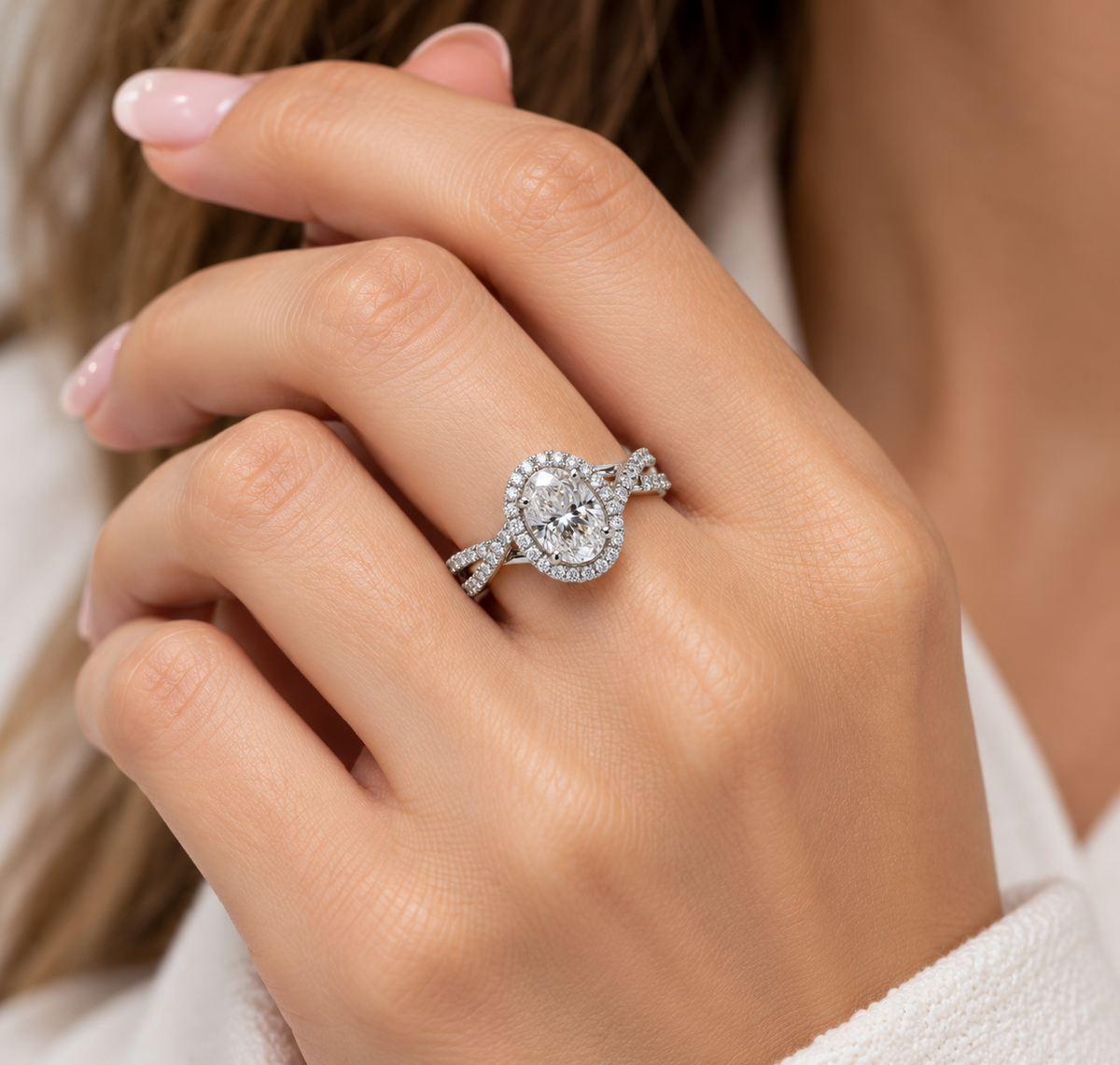 14 Karat White Gold Oval Diamond Halo Engagement Ring – 1.55 CTW