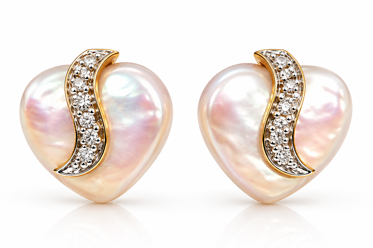 14K Yellow Gold Mother-of-Pearl Heart & Diamond Stud Earrings