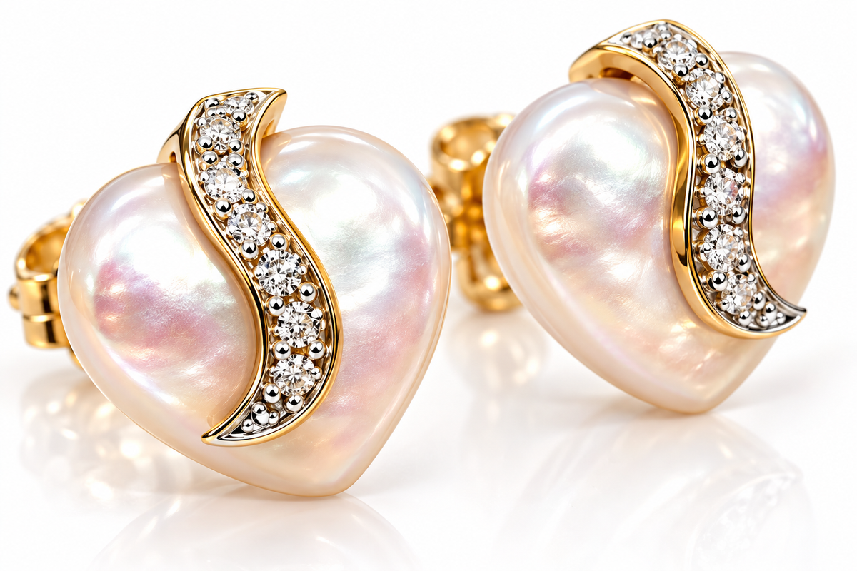 14K Yellow Gold Mother-of-Pearl Heart & Diamond Stud Earrings