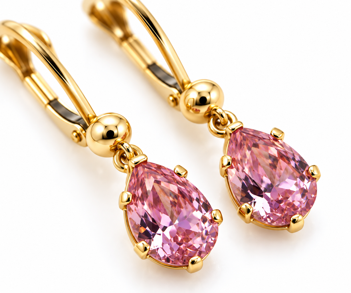 14K Solid Yellow Gold Dangling Pear-Shaped Earrings