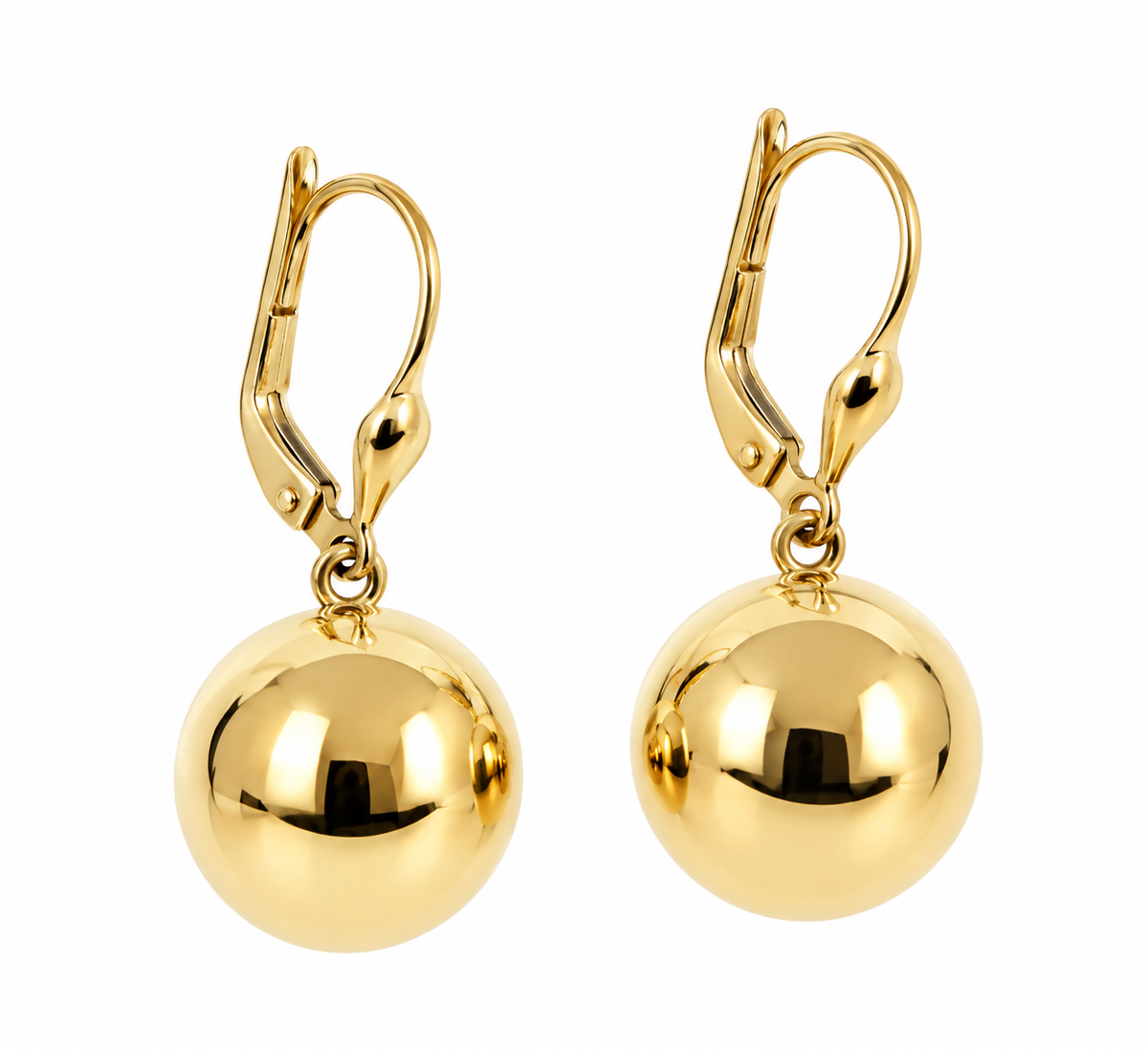 14K Solid Yellow Gold 12.5mm Dangling Ball Earrings