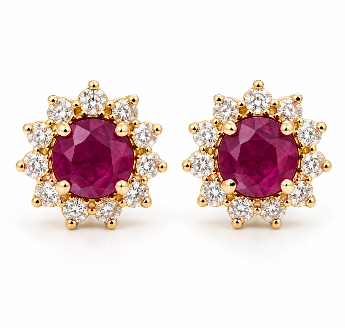 Ladies 14K Solid Yellow Gold Natural Ruby &amp; Diamond Halo Stud Earrings – 1.25 Carats Total