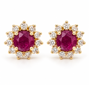 Ladies 14K Solid Yellow Gold Natural Ruby &amp; Diamond Halo Stud Earrings – 1.25 Carats Total