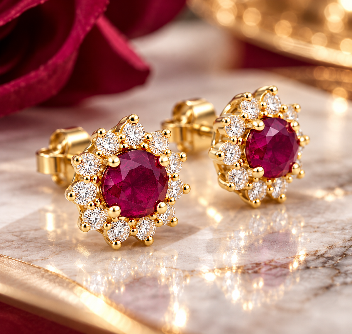 Ladies 14K Solid Yellow Gold Natural Ruby &amp; Diamond Halo Stud Earrings – 1.25 Carats Total