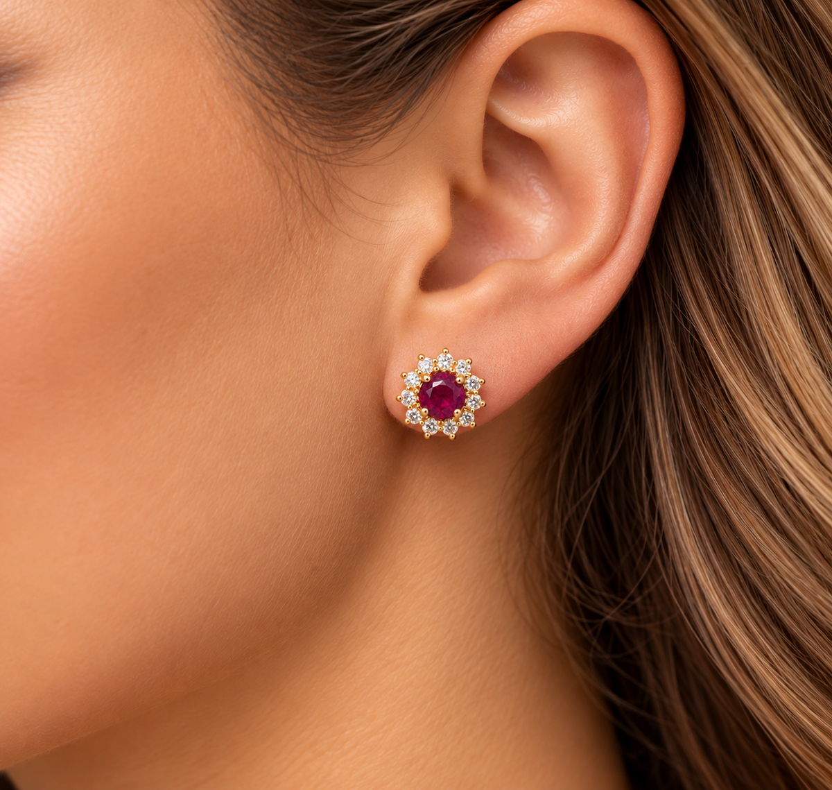 Ladies 14K Solid Yellow Gold Natural Ruby &amp; Diamond Halo Stud Earrings – 1.25 Carats Total