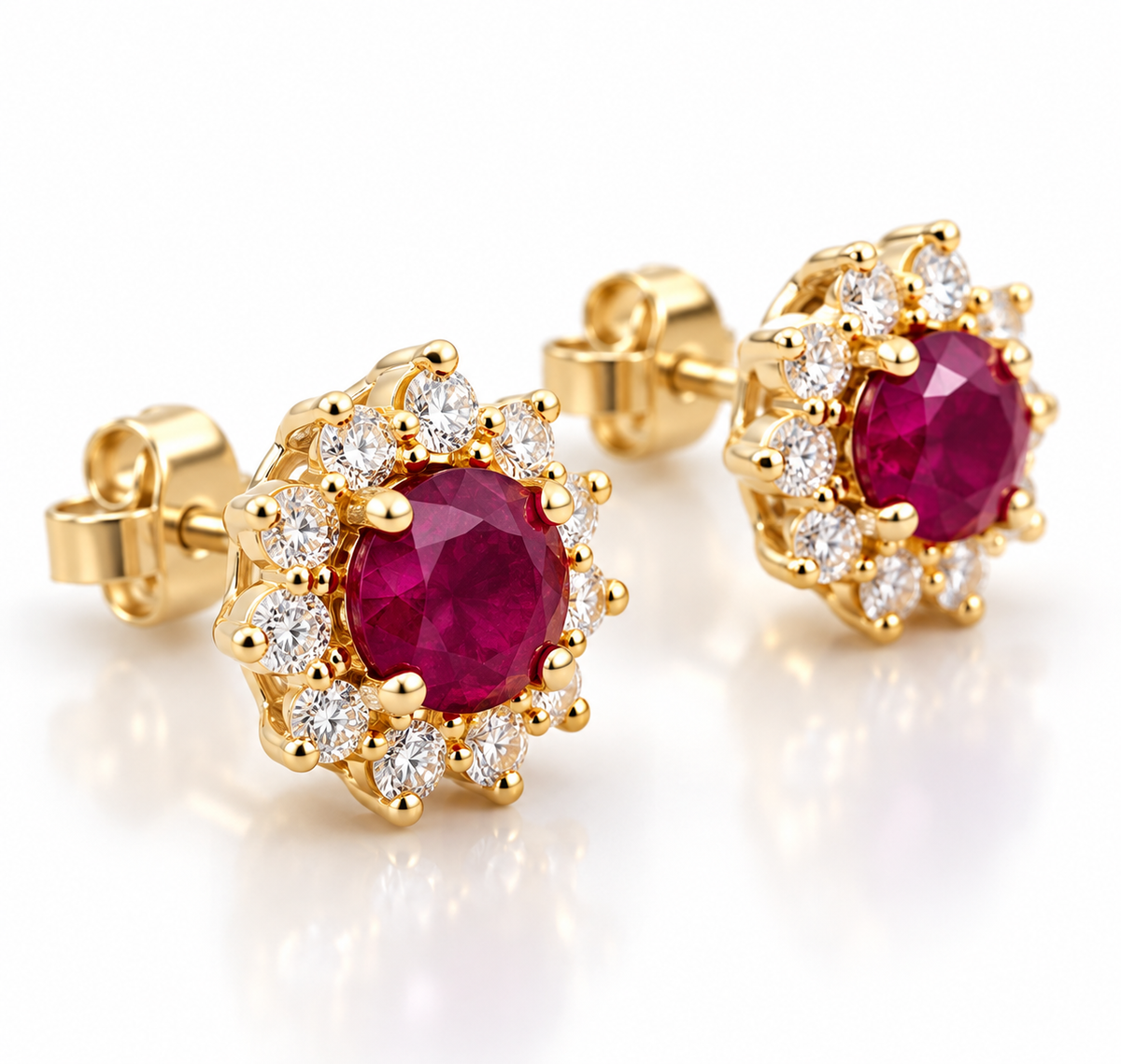 Ladies 14K Solid Yellow Gold Natural Ruby &amp; Diamond Halo Stud Earrings – 1.25 Carats Total