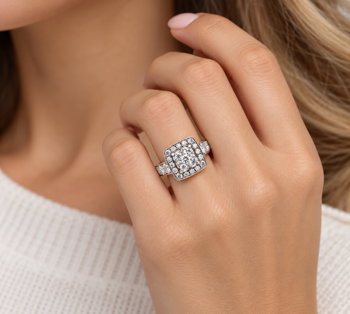 14K White Gold Diamond Halo Cluster Ring – 3.50 CTW