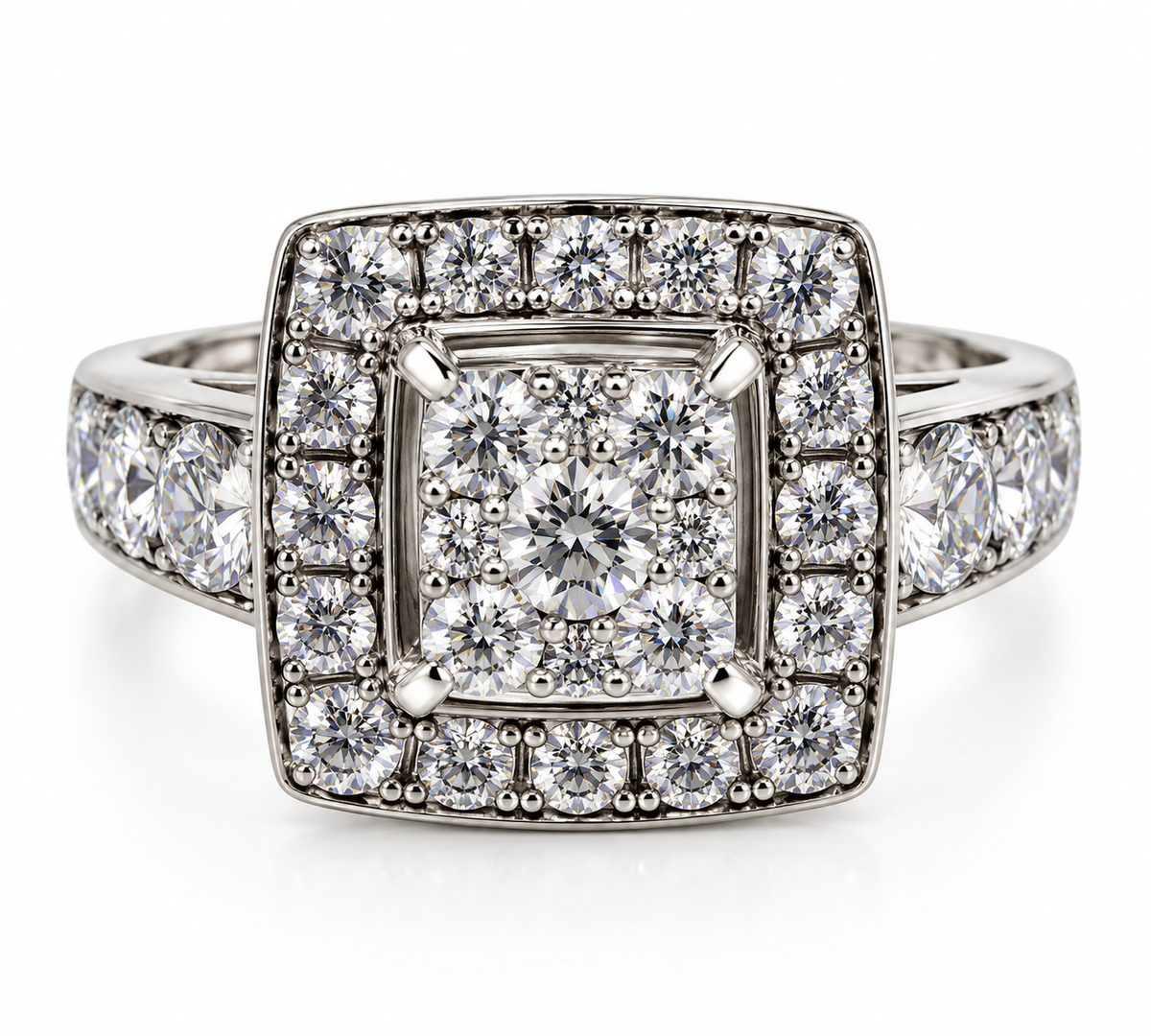 14K White Gold Diamond Halo Cluster Ring – 3.50 CTW