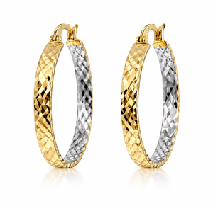 Italian 14K Solid Yellow Gold Two-Tone Diamond-Cut Hoop Earrings