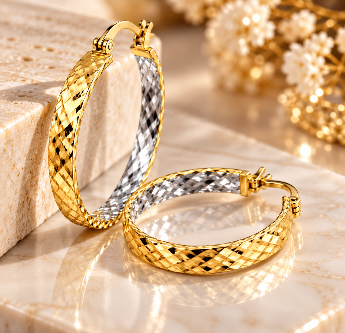 Italian 14K Solid Yellow Gold Two-Tone Diamond-Cut Hoop Earrings